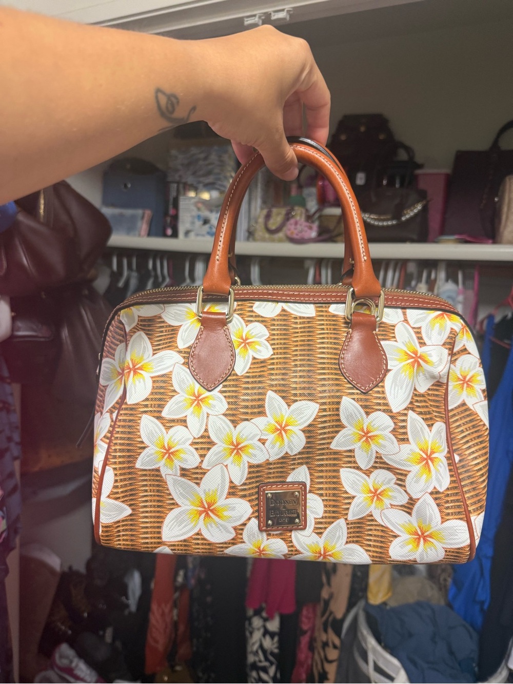 Dooney and bourke Floral Woven Satchel Bag - White & Brown